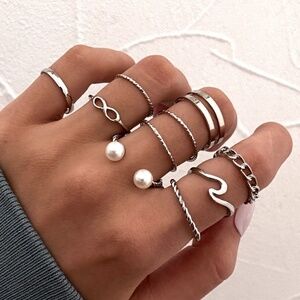 *CHARMAINE* 10-Pc Silver Irregular Geometric Hollow Design Fashion Ring Set